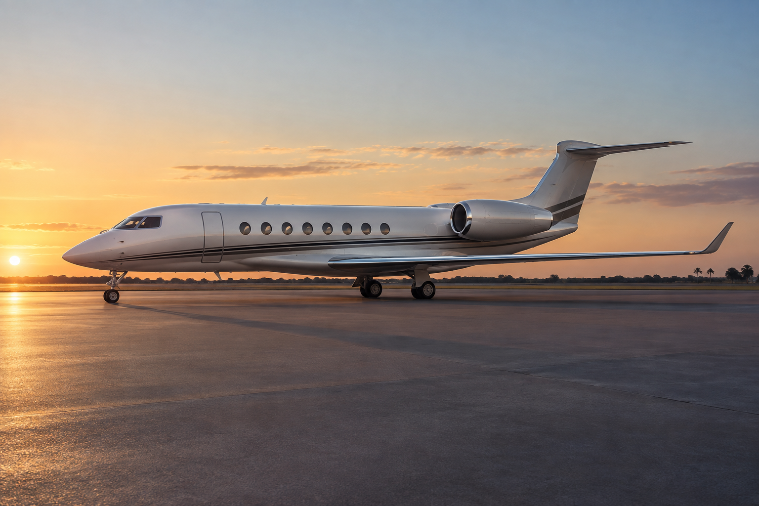 Private jet on a quiet tarmac at sunset